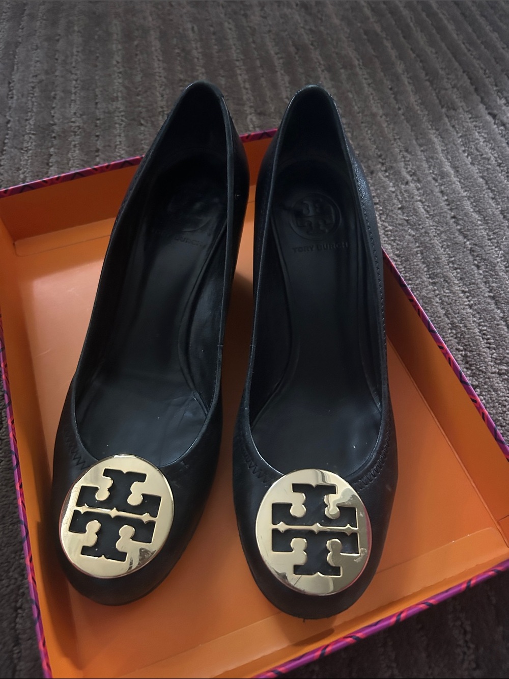 Tory Burch black wedge heels  with Gold Emblem